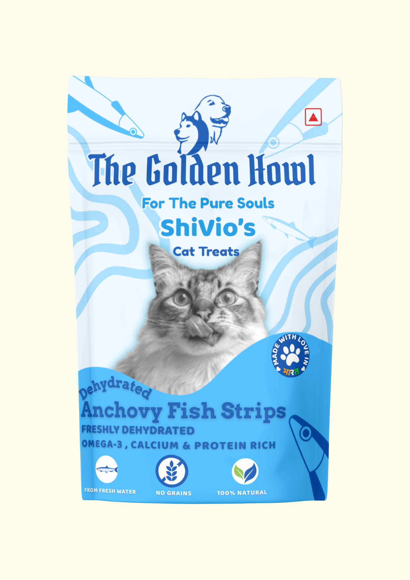 The Golden Howl ShiVio's Premium Dehydrated Anchovy Fish Strips Cat Treats – 100% Natural Single-Ingredient, Rich in Omega-3 & Calcium, Grain-Free Healthy Fish Snacks