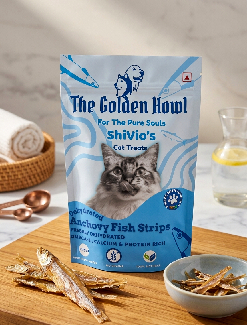 The Golden Howl ShiVio's Premium Dehydrated Anchovy Fish Strips Cat Treats – 100% Natural Single-Ingredient, Rich in Omega-3 & Calcium, Grain-Free Healthy Fish Snacks